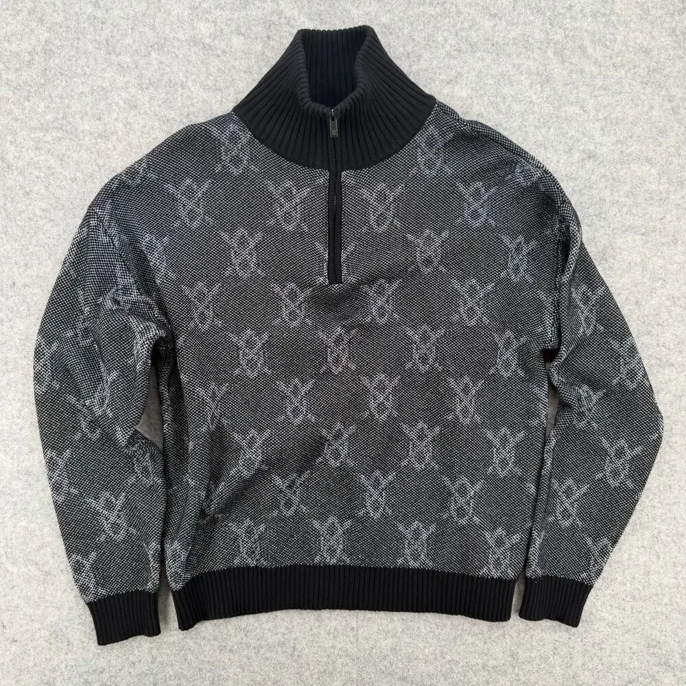 NWT Daily Paper Tems Black Knit Monogram Quarter-Zip Sweater Size MEDIUM